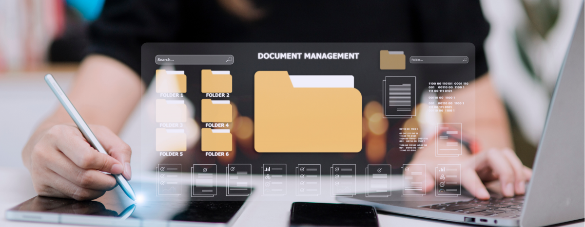 close up of professional woman working at a computer with digital document management overlay